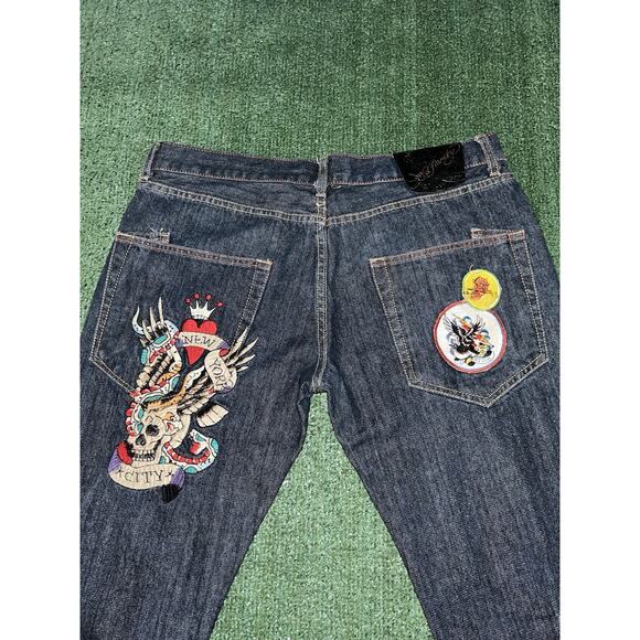 Y2K Ed Hardy x Christian Audigier Skull/Flower Denim Baggy Jeans Men's 36x33 - Picture 7 of 9